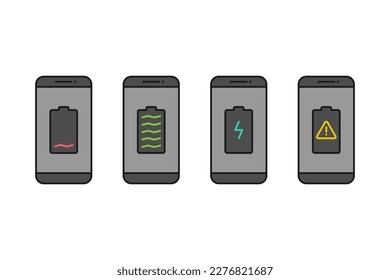Símbolo de signo de icono vectorial de notificación de batería de Smartphone, smartphone y batería baja, completa, de carga, dañada