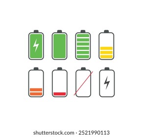 Smartphone Battery status icon. phone battery level indicator symbol. full charge or low charge sign. cellphone battery power symbol. Charging vector sign.