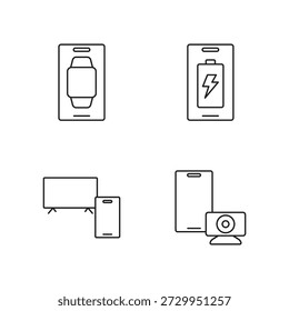Iconos de contorno de cámara web y transmisión de televisión de batería de teléfono inteligente