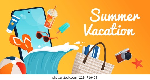 Smartphone with beach accessories and ocean wave coming out of the screen: summer vacations and online travel booking concept