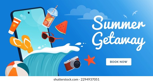 Smartphone with beach accessories and ocean wave coming out of the screen: summer vacations and online travel booking concept