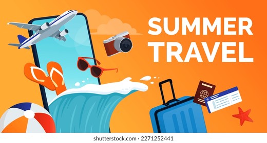 Smartphone with beach accessories, travel items and ocean wave coming out of the screen: summer vacations and online travel booking concept