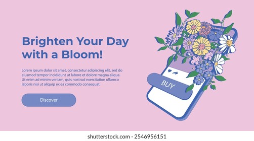 Smartphone with beautiful bouquet coming out of screen. Flower delivery, online ordering, shopping, mobile app concept, banner. Big button on mobile screen. Buying flowers in an online store.