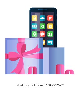 Smartphone In A Beautiful Box Tied With Pink Ribbon. The Best Gift For Your Lover. Mobile phone with user interface on screen. Flat style. Vector illustration. isolated on background