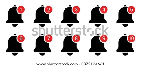 Smartphone bell notification icon set 1 to 10. Bell symbols for web, app, ui. Notification bell icons. Ringing bells. Incoming inbox message alert. Black Alarm symbol. Vector illustration isolated.