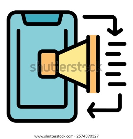 Smartphone with a big loudspeaker is increasing volume with two arrows making a loop around it