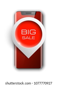 Smartphone "BIG SALE" mobile phone isolated with pointers to determine your location, Communicator PDA realistic illustration. Image smartphone, latest model phone background with pointer icon
