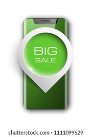 Smartphone "BIG SALE" mobile phone isolated with pointers to determine your location, Communicator PDA realistic illustration. Image smartphone, latest model phone background with pointer icon