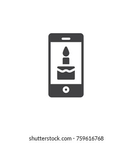 Smartphone with birthday cake on display icon vector, filled flat sign, solid pictogram isolated on white. Symbol, logo illustration