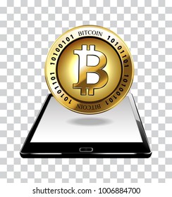 Smartphone with Bitcoin coin golden, Blockchain transfers concept