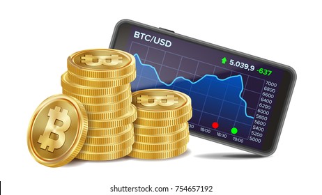Smartphone And Bitcoin Coins Vector. Digital Money. Cryptocurrency Investment Concept. Realistic 3D Gold Coins. Isolated On White Illustration
