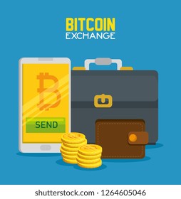 smartphone with bitcoin currency and briefcase with wallet