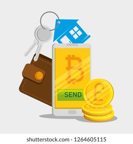 smartphone with bitcoin currency and wallet with house keys