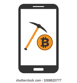 Smartphone with bitcoin gold symbol and pickaxe on screen. Concept of mobile crypto currency mining. Vector icon.