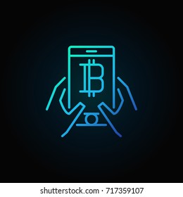 Smartphone with bitcoin in hands blue concept linear icon or design element on dark background