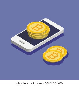Smartphone with bitcoin heap in trendy isometric style. Money movement and online payment. Online banking concept. Cashback or money refund. Vector illustration isolated on color background.