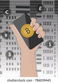 Smartphone with bitcoin logo in hand - abstract background with currency icons - vector art illustration.