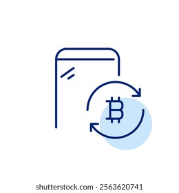 Smartphone and bitcoin with refresh arrows. Crypto trading cycles, wallet update. Pixel perfect, editable stroke icon
