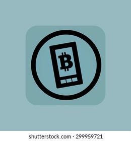 Smartphone with bitcoin symbol in circle, in square, on pale blue background