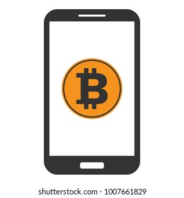 Smartphone with bitcoin symbol on screen. Vector icon.
