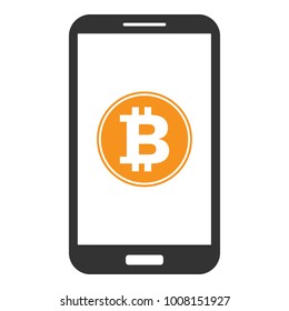 Smartphone with bitcoin symbol on screen. Vector icon.