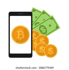 Smartphone with bitcoin symbol and paper dollars with coins coming out of it. Cryptocurrency technology and bitcoin exchange. Flat vector illustration