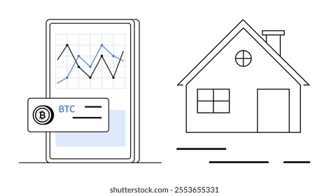 A smartphone with a Bitcoin trading graph is beside a simple house. Ideal for digital finance, cryptocurrency, real estate investment, online trading, modern economy. Clean, minimal, modern