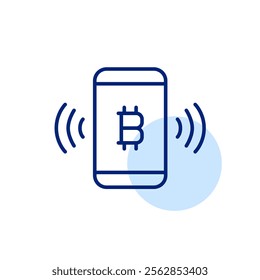 Smartphone with bitcoin and wi-fi symbols. Cryptocurrency wallet and payment. Pixel perfect, editable stroke icon