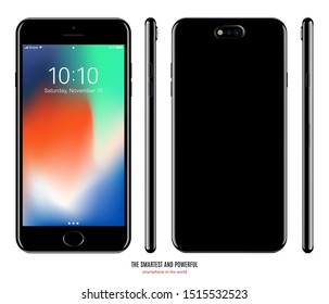 smartphone black color with colored touch screen saver front, back and side view isolated on white background. realistic and detailed mobile phone mockup. stock vector illustration