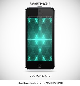 smartphone black color with colored touch screen and flare isolated on grey background. detailed and realistic mobile phone mockup. stock vector illustration