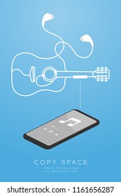 Smartphone black color and Earphones wireless and remote, In Ear type isometric flat design, acoustic guitar shape made from cable illustration isolated on blue gradient background, with copy space