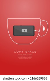 Smartphone black color flat design, coffee cup shape made from usb charger cable illustration isolated on red gradient background, with copy space