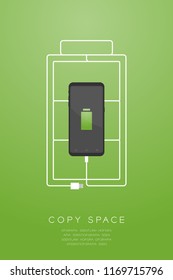 Smartphone black color flat design, full battery icon shape made from usb charger cable illustration isolated on green gradient background, with copy space