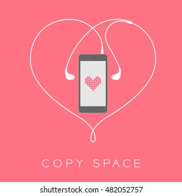 Smartphone black color flat design mock up, heart pixel pink color on screen template and heart shape made from earphones cable white color illustration isolated on pink background, with copy space