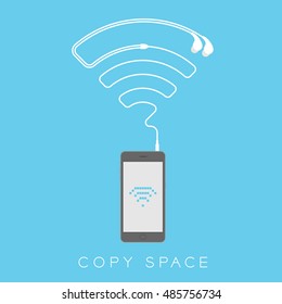 Smartphone black color flat design, wifi pixel icon blue color on screen and wifi icon shape made from earphones cable illustration isolated on blue background, with copy space