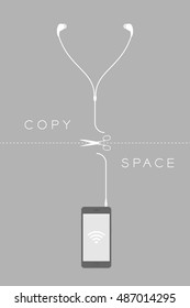 Smartphone black color flat design and earphones cable cut by scissors illustration isolated on grey background, wireless concept idea with copy space