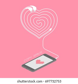 Smartphone black color isometric flat design, heart icon symbol pink color on screen and heart icon symbol shape made from earphones cable illustration isolated on pink background, with copy space