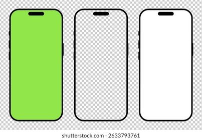 Smartphone black frame. Gadget symbol. Device flat front view set. Signs for website design, ui, mobile app. Blank smart phone green screen template. Mobile phone black icon with white background.