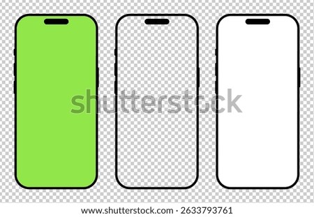 Smartphone black frame. Gadget symbol. Device flat front view set. Signs for website design, ui, mobile app. Blank smart phone green screen template. Mobile phone black icon with white background.