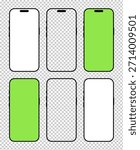 Smartphone black frames set. Gadget symbols. Flat signs for website design, ui, mobile app. Device front view. Blank smart phone green screen templates. Mobile phone black icon with white background.