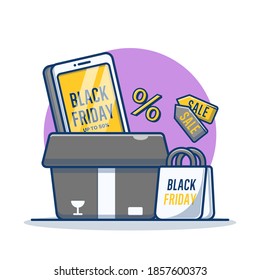 Smartphone con Viernes negro en pantalla y caricatura vectorial bolsa de compras. Bolsa de compras y descuento. Estilo de caricatura plano adecuado para afiches, pancartas, productos.