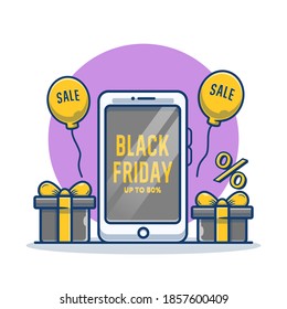 Smartphone with black Friday on screen and box vector cartoon illustration. Sale hanging on balloon. Flat cartoon style suitable for poster, banner, product.