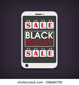 Smartphone with Black Friday text on the dark background. Eps 10 vector file.