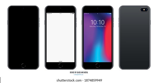 smartphone black matte color with black, blank and colored touchscreen saver with backside isolated on white background. realistic and detailed mobile phone mockup. stock vector illustration