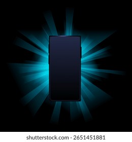 Smartphone with black screen in glow neon blue light. 3d vector mobile phone screen on shiny background. Futuristic app mockup with abstract beams flare. Realistic gadget device presentation