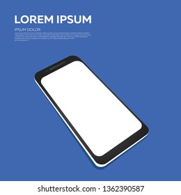 Smartphone in black and white with a blank screen on a blue background in perspective, a simple way to put a picture, screenshot or logo. Banner, poster, vector illustration