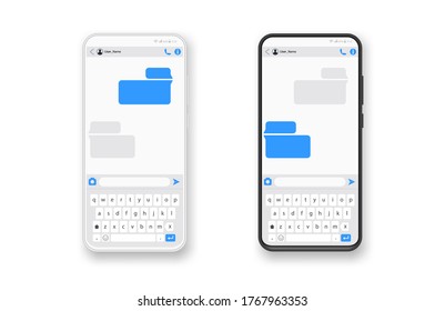 Smartphone black and white, chatting sms app template bubbles, black and white theme. Place your own text to the message clouds. Compose dialogues using samples bubbles! Eps 10 format