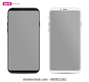 Smartphone black and white with modern bezel less design, rounded screen. Vector mockup with glossy layer.