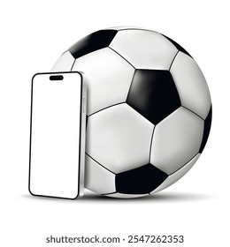 Smartphone with blank empty screen and soccer ball. Sports betting advertising banner.