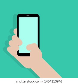 smartphone with blank green screen display in hand on green background with shadow. vector illustration
